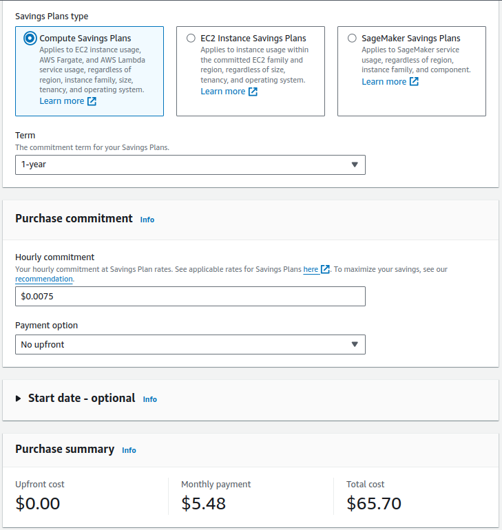 AWS Savings Plan Purchase screenshot made by the author.
