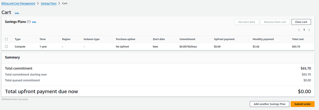 AWS Savings Plan Cart screenshot made by the author.